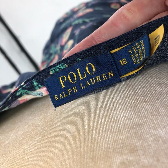 POLO RALPH LAUREN Blouse Sz 18 Linen Puff Sleeve Floral Print Navy Blue - Picture 8 of 12